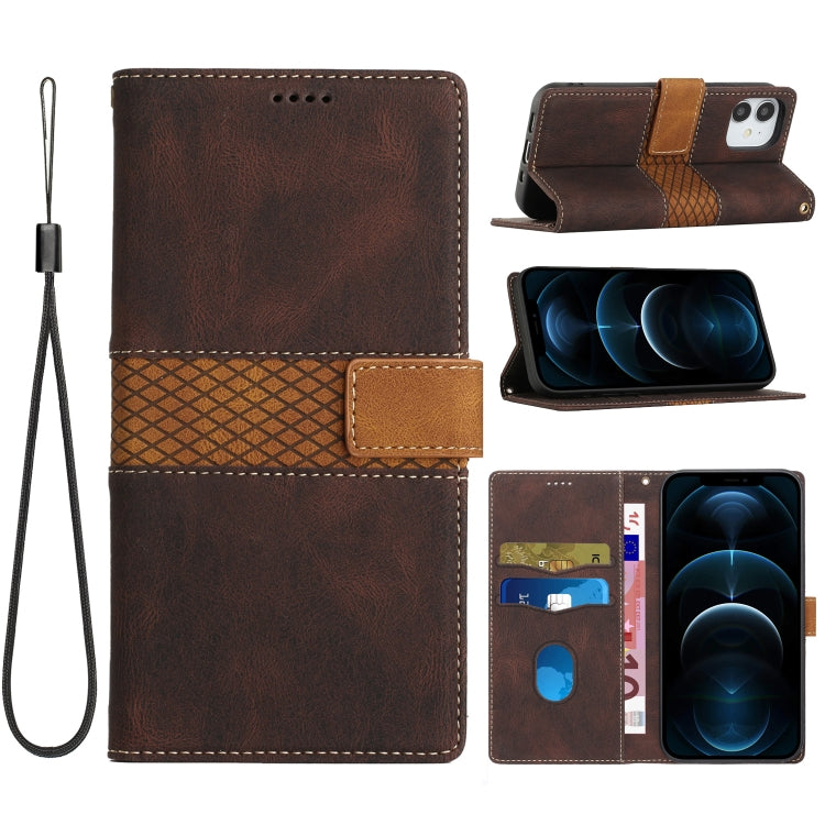 Grid Stitching Leather Phone Case with Lanyard