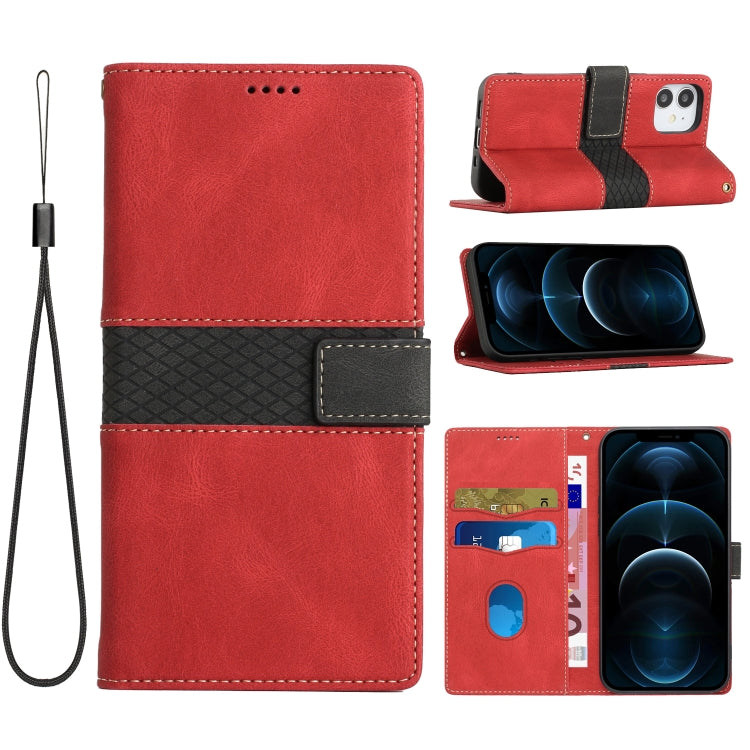 Grid Stitching Leather Phone Case with Lanyard