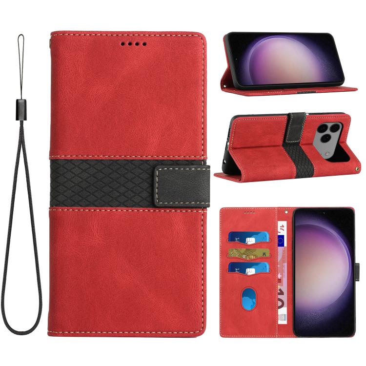 Grid Stitching Leather Phone Case with Lanyard