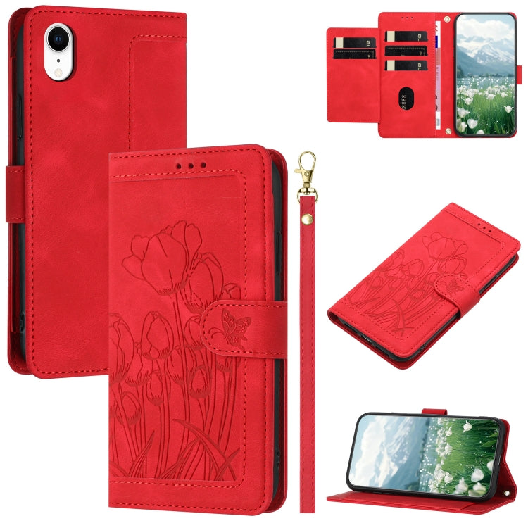 Tulips Embossed Leather Phone Case with Lanyard, For iPhone XS / X, For iPhone XR, For iPhone XS Max, For iPhone 8 Plus / 7 Plus