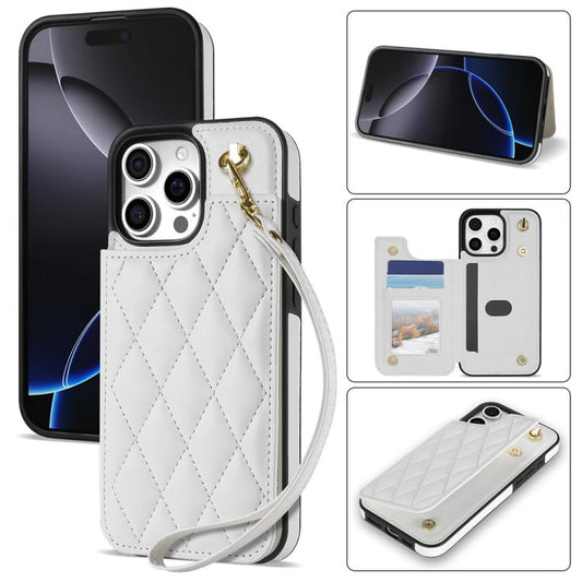 Rhombic Dual Buckle Card Slots Phone Case with Lanyard, For iPhone 16 Pro Max, For iPhone 16 Pro, For iPhone 16 Plus, For iPhone 16