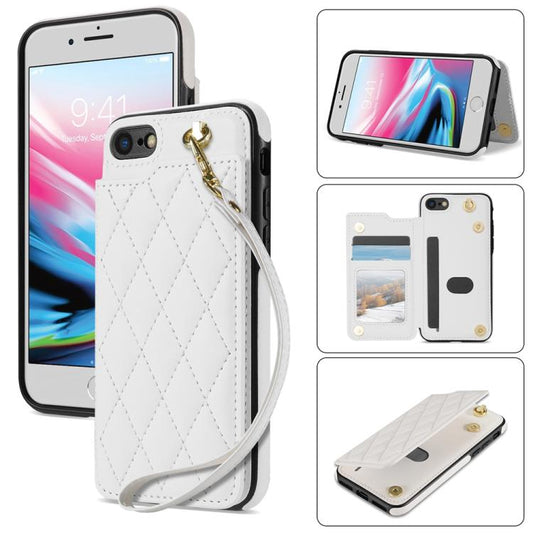 Rhombic Dual Buckle Card Slots Phone Case with Lanyard, For iPhone SE 2022 / 2020 / 8 / 7, For iPhone 13 Pro Max, For iPhone 13 Pro, For iPhone 12 / 12 Pro