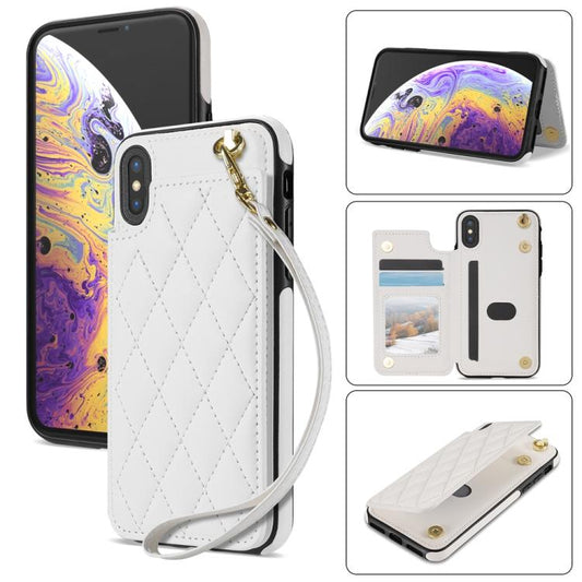 Rhombic Dual Buckle Card Slots Phone Case with Lanyard, For iPhone X / XS, For iPhone XR, For iPhone XS Max, For iPhone 8 Plus / 7 Plus