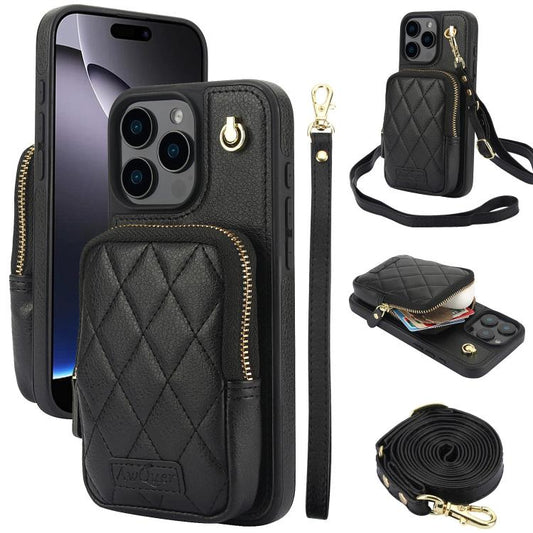 AwQuer Crossbody Zipper Wallet Bag Litchi Leather Phone Case, For iPhone 16 Pro Max, For iPhone 16 Pro, For iPhone 16 Plus