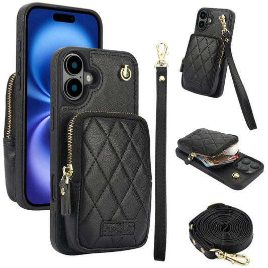 AwQuer Crossbody Zipper Wallet Bag Litchi Leather Phone Case, For iPhone 16, For iPhone 15 Pro Max, For iPhone 15 Pro