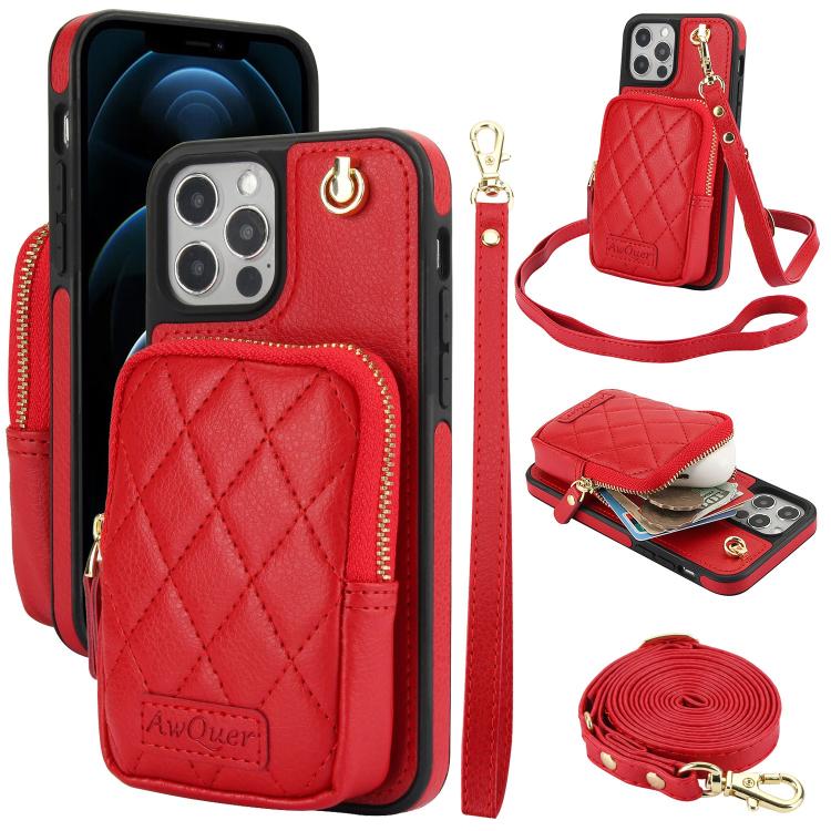 AwQuer Crossbody Zipper Wallet Bag Litchi Leather Phone Case, For iPhone 12 Pro Max, For iPhone 11 Pro Max, For iPhone 11