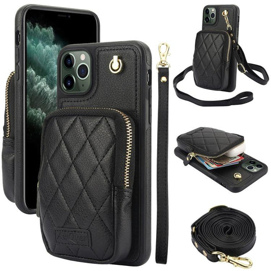AwQuer Crossbody Zipper Wallet Bag Litchi Leather Phone Case, For iPhone 11 Pro