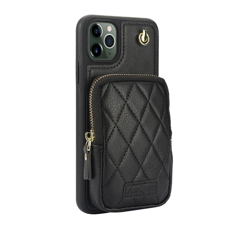 AwQuer Crossbody Zipper Wallet Bag Litchi Leather Phone Case, For iPhone 11 Pro