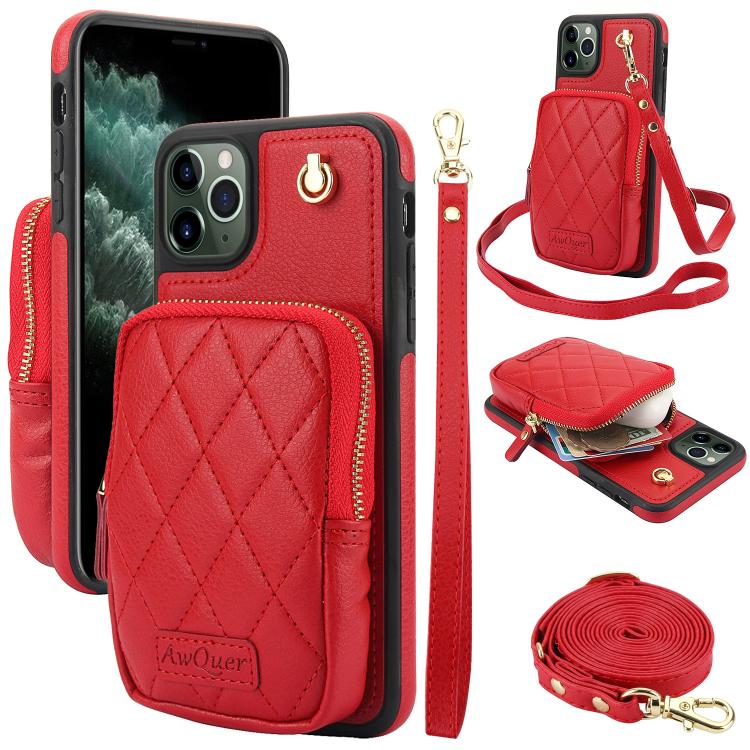 AwQuer Crossbody Zipper Wallet Bag Litchi Leather Phone Case, For iPhone 11 Pro