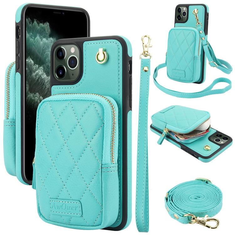 AwQuer Crossbody Zipper Wallet Bag Litchi Leather Phone Case, For iPhone 11 Pro