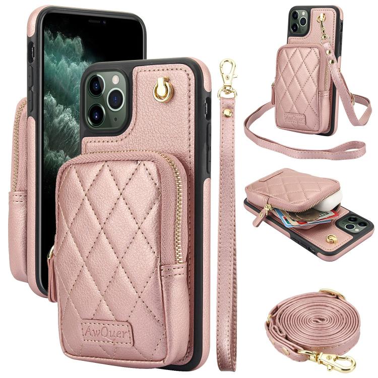 AwQuer Crossbody Zipper Wallet Bag Litchi Leather Phone Case, For iPhone 11 Pro