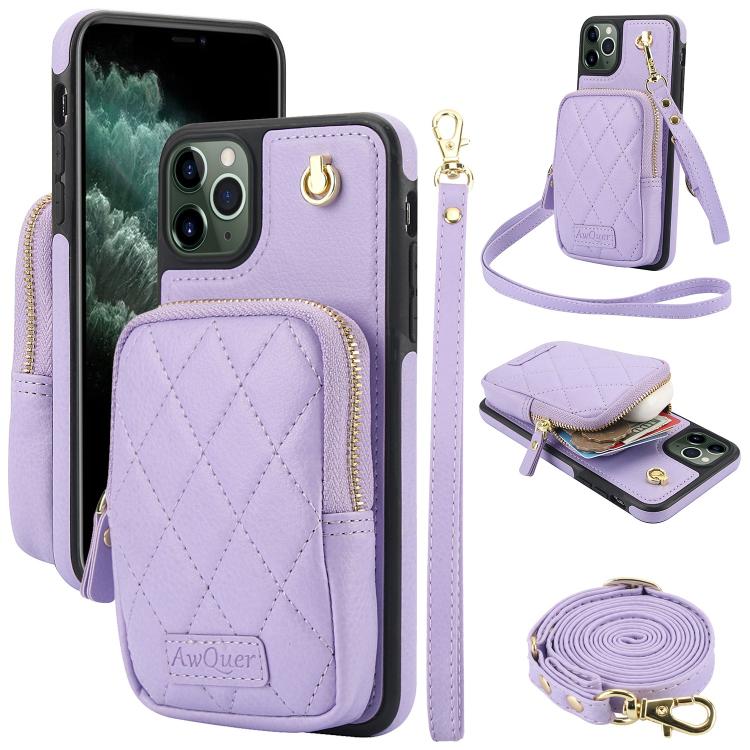 AwQuer Crossbody Zipper Wallet Bag Litchi Leather Phone Case, For iPhone 11 Pro