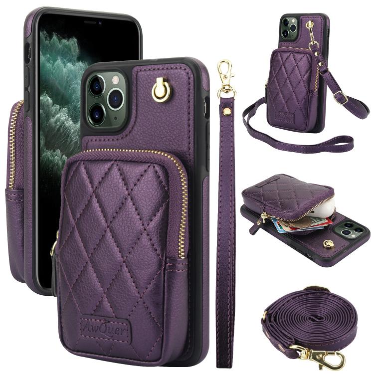 AwQuer Crossbody Zipper Wallet Bag Litchi Leather Phone Case, For iPhone 11 Pro