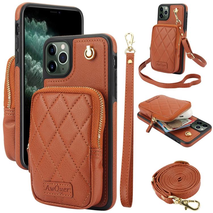 AwQuer Crossbody Zipper Wallet Bag Litchi Leather Phone Case, For iPhone 11 Pro