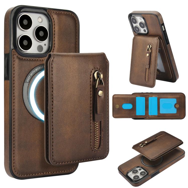 Zipper Wallet Split MagSafe Leather Back Phone Case, For iPhone 13 Pro, For iPhone 13, For iPhone 13 mini