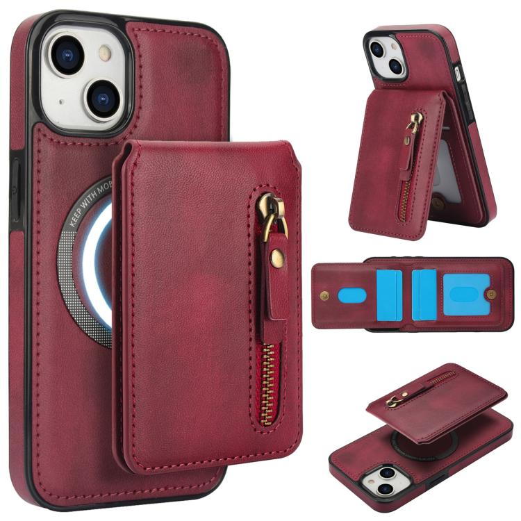 Zipper Wallet Split MagSafe Leather Back Phone Case, For iPhone 13 Pro, For iPhone 13, For iPhone 13 mini