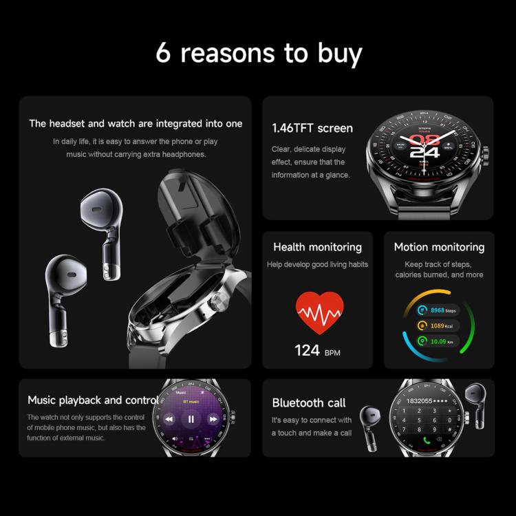 D9 1.46 inch 2 in 1 Bluetooth Earphone Smart Watch, Support Bluetooth Call / NFC / Heart Rate, D9 (Silver), D9 (Black)