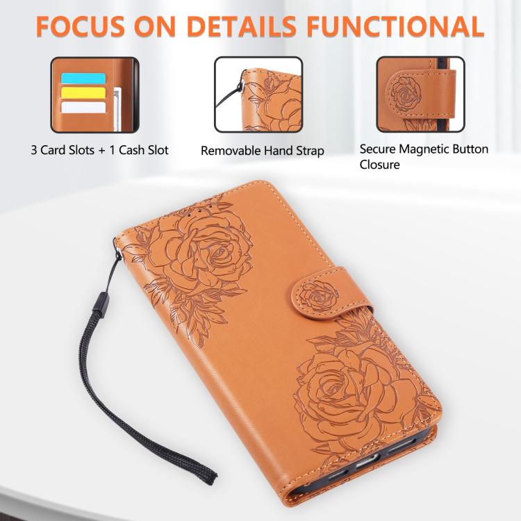 Rose Flower Embossed 3-Card Slots Leather Phone Case