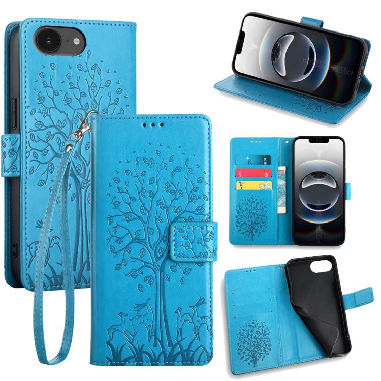 Tree & Deer Embossed Leather Phone Case, For iPhone 16e