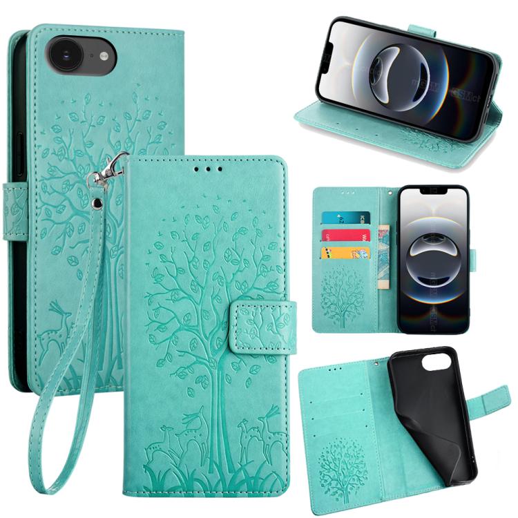 Tree & Deer Embossed Leather Phone Case, For iPhone 16e