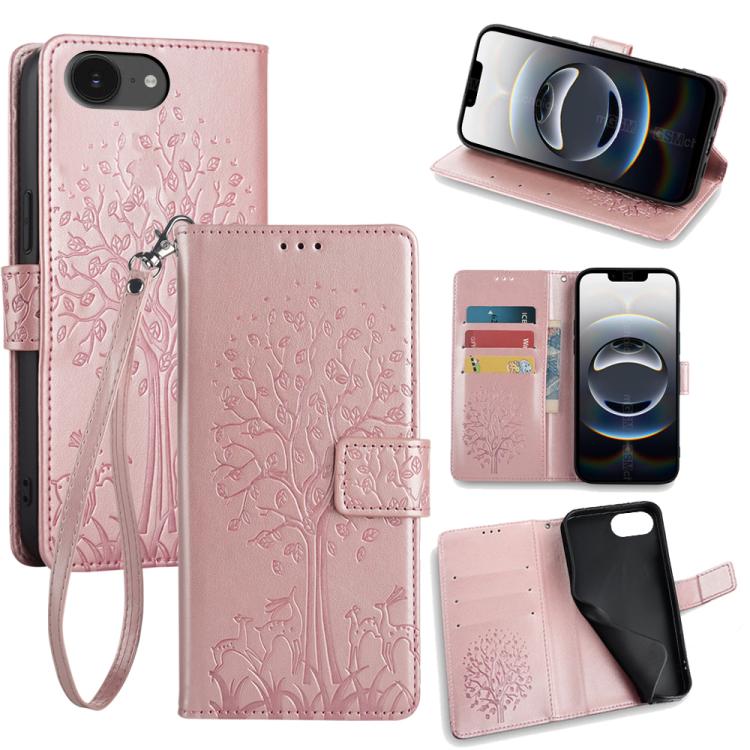 Tree & Deer Embossed Leather Phone Case, For iPhone 16e
