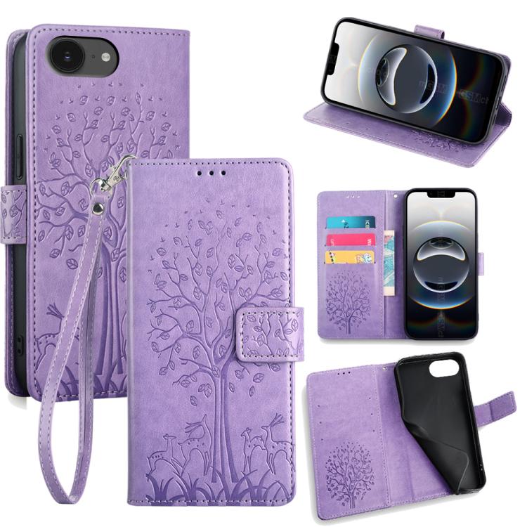 Tree & Deer Embossed Leather Phone Case, For iPhone 16e