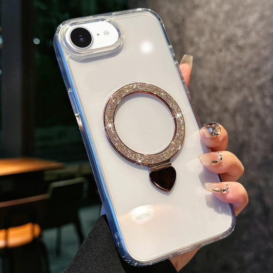 Love Glitter Powder MagSafe Holder Phone Case with Lens Film, For iPhone 16e, For iPhone 16 Pro Max, For iPhone 16 Pro, For iPhone 16, For iPhone 15 Pro Max, For iPhone 15 Pro