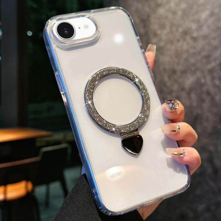 Love Glitter Powder MagSafe Holder Phone Case with Lens Film, For iPhone 16e, For iPhone 16 Pro Max, For iPhone 16 Pro, For iPhone 16, For iPhone 15 Pro Max, For iPhone 15 Pro
