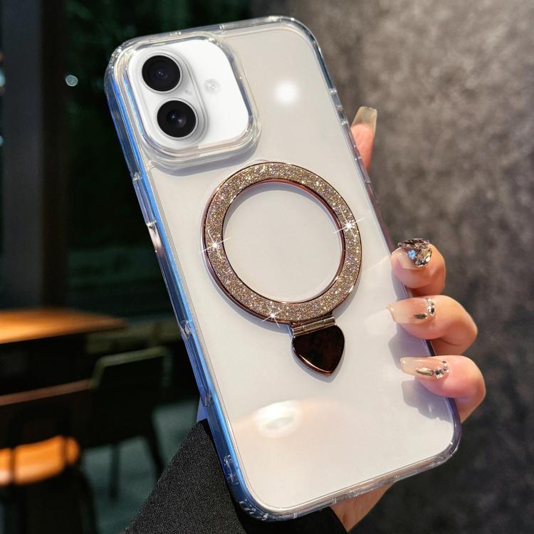 Love Glitter Powder MagSafe Holder Phone Case with Lens Film, For iPhone 16e, For iPhone 16 Pro Max, For iPhone 16 Pro, For iPhone 16, For iPhone 15 Pro Max, For iPhone 15 Pro