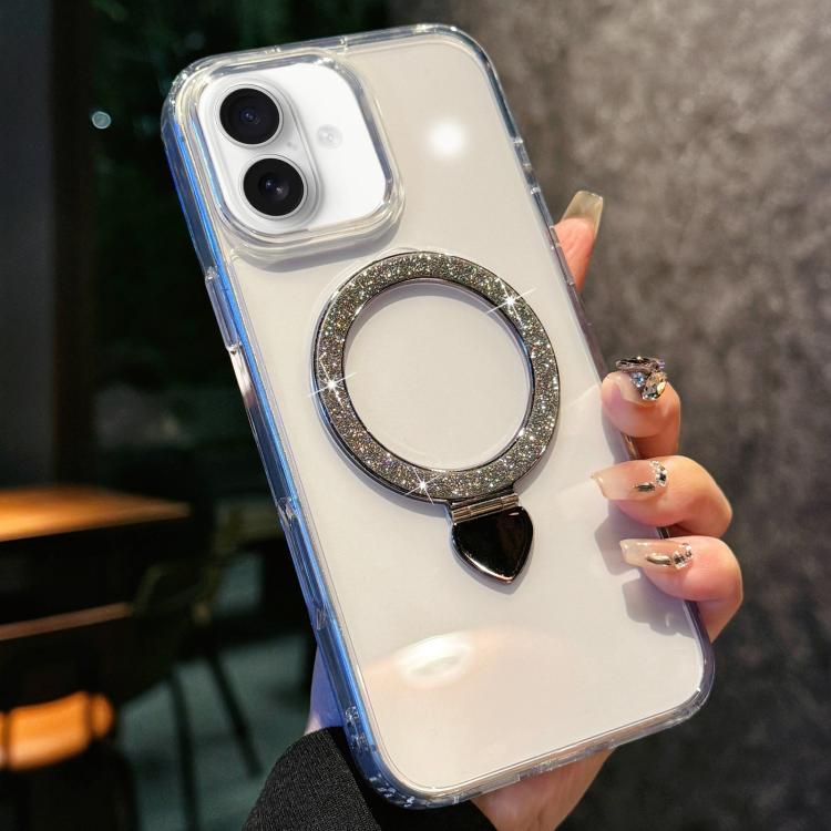 Love Glitter Powder MagSafe Holder Phone Case with Lens Film, For iPhone 16e, For iPhone 16 Pro Max, For iPhone 16 Pro, For iPhone 16, For iPhone 15 Pro Max, For iPhone 15 Pro