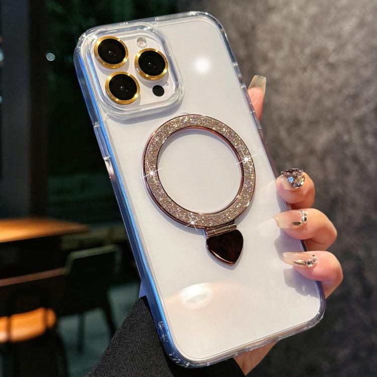 Love Glitter Powder MagSafe Holder Phone Case with Lens Film, For iPhone 15, For iPhone 14 / 13, For iPhone 14 Pro, For iPhone 14 Pro Max, For iPhone 13 Pro Max