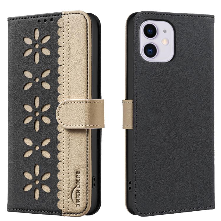 Splicing Color Hollow Flower Pattern RFID Leather Phone Case