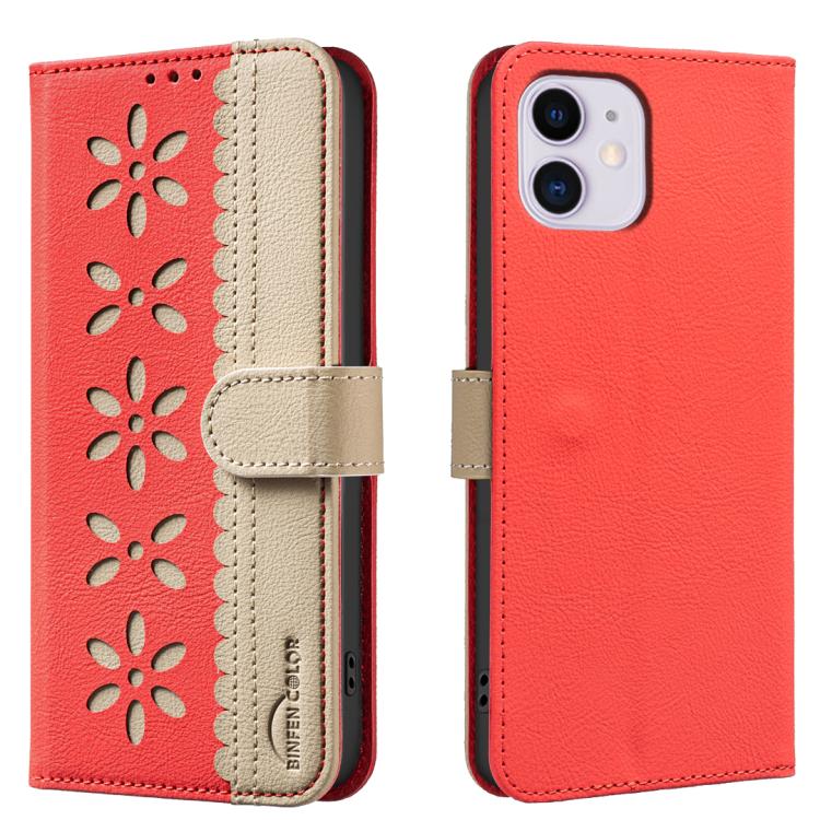 Splicing Color Hollow Flower Pattern RFID Leather Phone Case