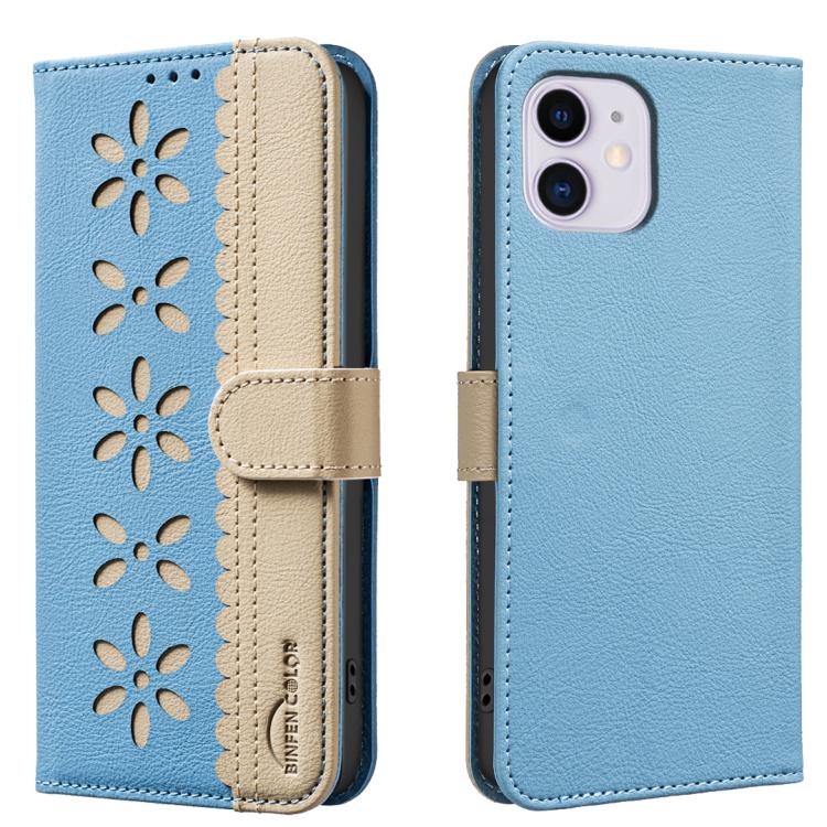 Splicing Color Hollow Flower Pattern RFID Leather Phone Case
