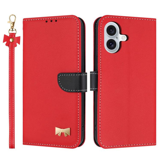 Metal Bow Leather Phone Case with Hand Strap, For iPhone 16, For iPhone 15 Pro Max, For iPhone 15 Pro, For iPhone 15 Plus / 14 Plus