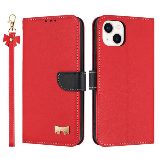 Metal Bow Leather Phone Case with Hand Strap, For iPhone 15, For iPhone 14 / 13, For iPhone 14 Pro, For iPhone 14 Pro Max
