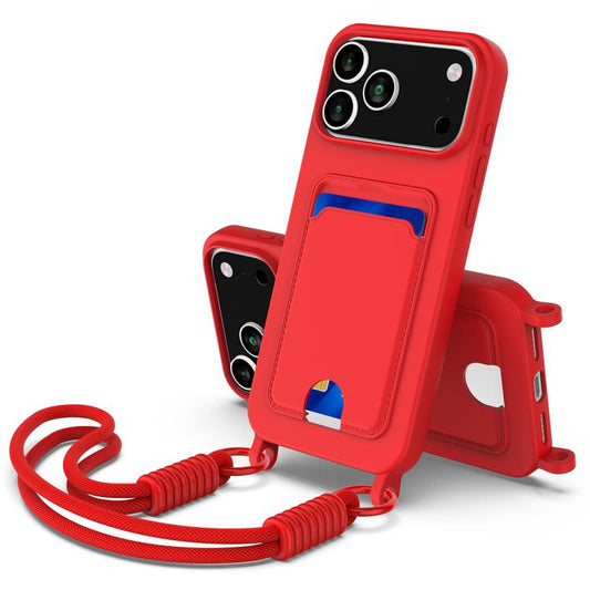 Integrated Card Bag Solid Color Liquid Silicone Phone Case Gen2 with Short Lanyard, For iPhone 17 Pro Max, For iPhone 17 Pro, For iPhone 17, For iPhone 17 Air, For iPhone 16e, For iPhone 16 Pro Max