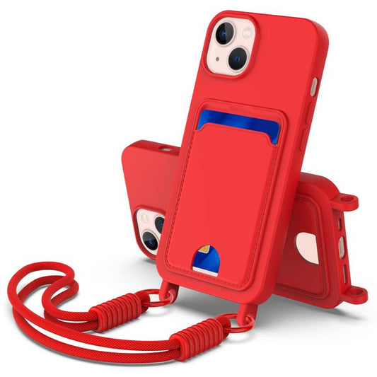 Integrated Card Bag Solid Color Liquid Silicone Phone Case Gen2 with Short Lanyard, For iPhone 15, For iPhone 14 / 13, For iPhone 14 Pro, For iPhone 14 Pro Max, For iPhone 13 Pro Max, For iPhone 13 Pro