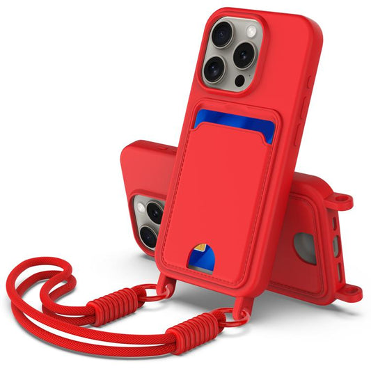 Integrated Card Bag Solid Color Liquid Silicone Phone Case Gen2 with Short Lanyard, For iPhone 12 / 12 Pro, For iPhone 12 Pro Max