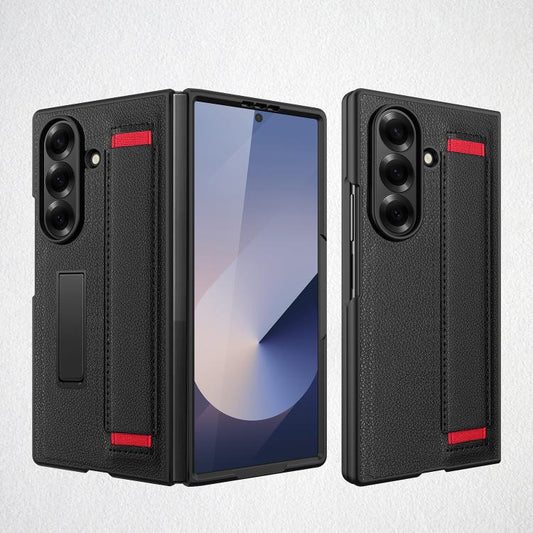 Integrated Invisible Bracket Litchi Skin Pasting Phone Case with Hand Strap