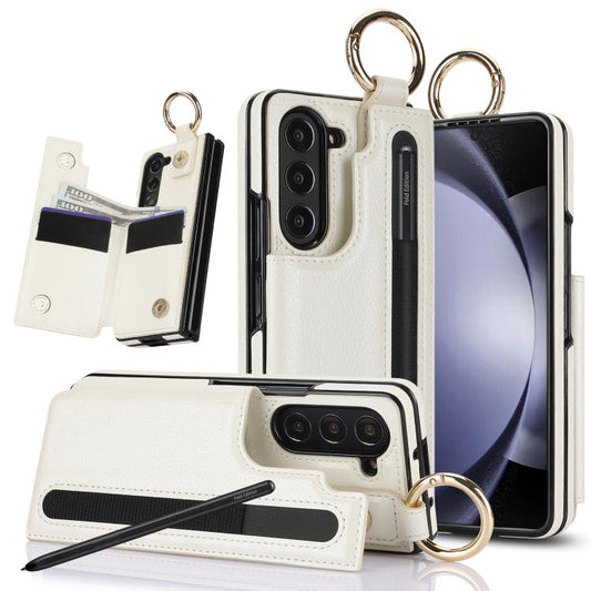 Litchi Texture Double Buckle Leather Phone Case with Pen Slot