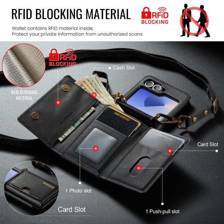DG.MING M6 Series RFID Tri-fold Card Bag Removable Leather Phone Case with Long Lanyard