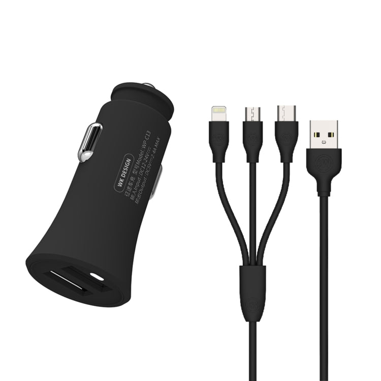 WK WP-C13 2.4A Warpath Dual USB Car Charger with USB to 8 Pin / Micro USB / Type-C Data Cable, WP-C13 with Cable (Black), WP-C13 with Cable (White)