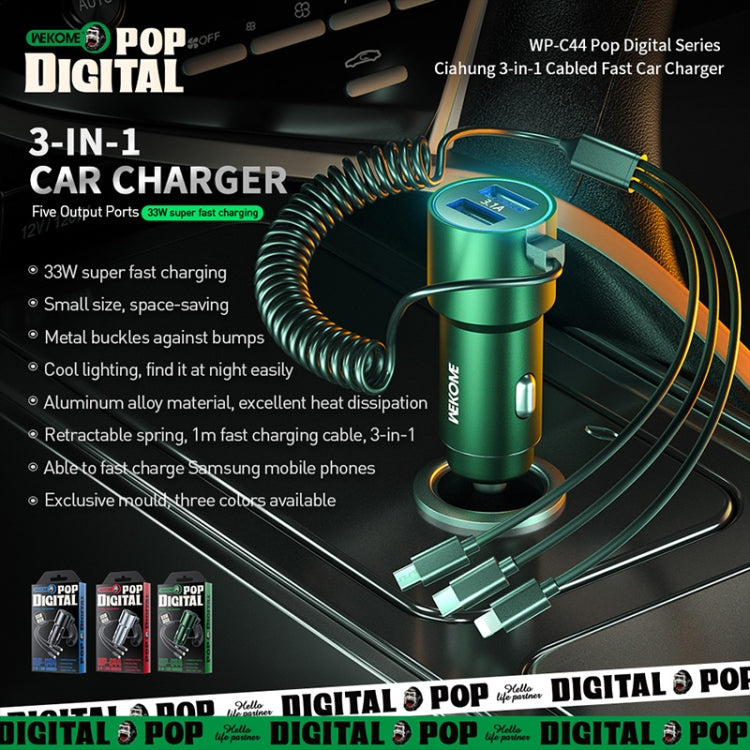 WK WP-C44 Pop Digital Series Ciahung 3-in-1 Cabled 33W Dual-USB Fast Car Charger, WP-C44 (Black), WP-C44 (Green), WP-C44 (Silver)