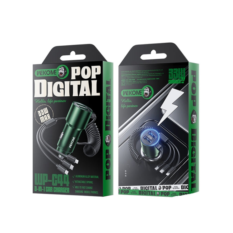 WK WP-C44 Pop Digital Series Ciahung 3-in-1 Cabled 33W Dual-USB Fast Car Charger, WP-C44 (Black), WP-C44 (Green), WP-C44 (Silver)