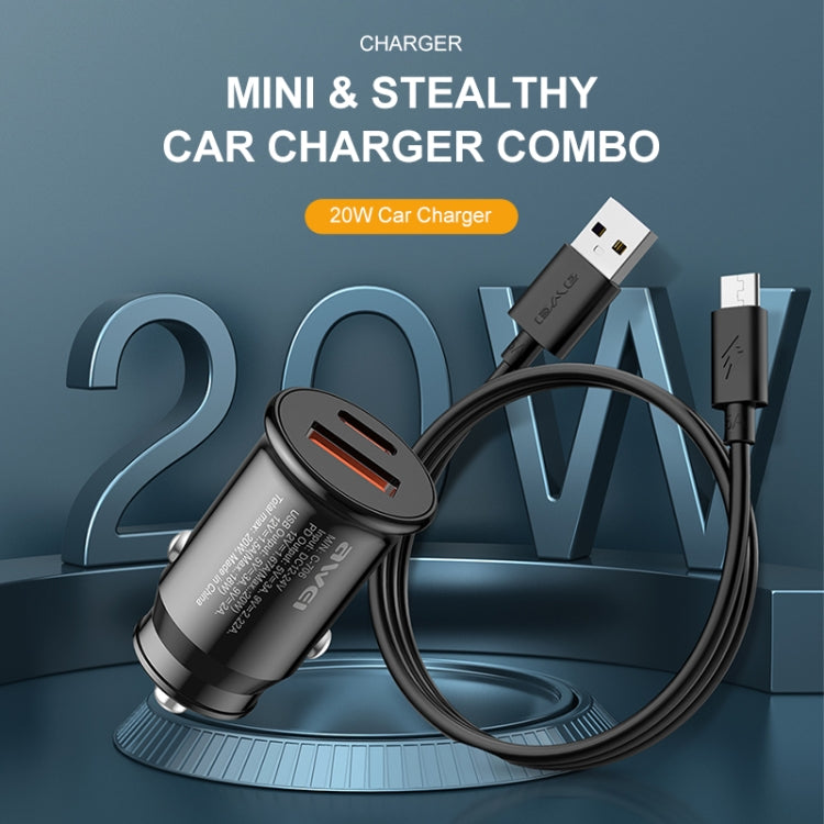 awei C-706 20W PD Type-C + QC 3.0 Type-A Car Charger with CL-110T Data Cable, C-706