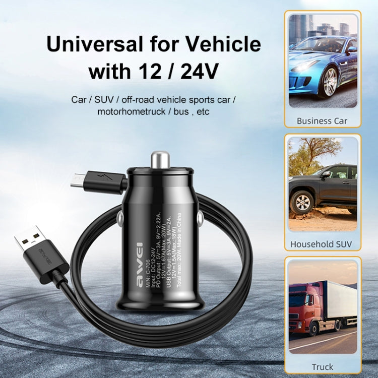 awei C-706 20W PD Type-C + QC 3.0 Type-A Car Charger with CL-110T Data Cable, C-706