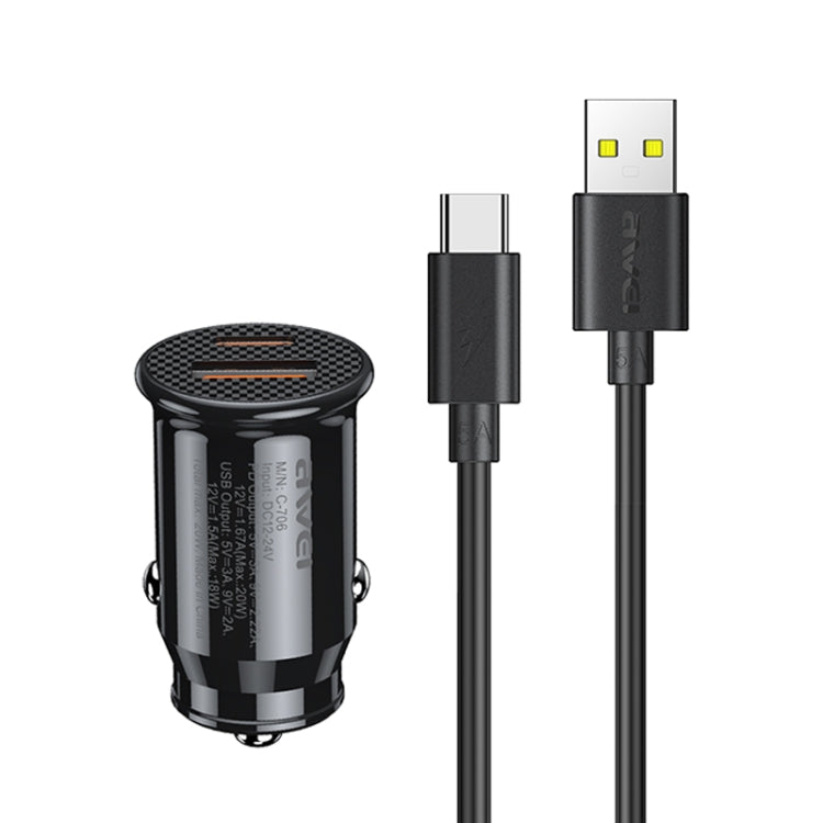 awei C-706 20W PD Type-C + QC 3.0 Type-A Car Charger with CL-110T Data Cable, C-706