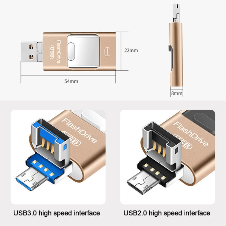 32GB USB 3.0 + 8 Pin + Mirco USB Android iPhone Computer Dual-use Metal Flash Drive, 32GB USB 3.0