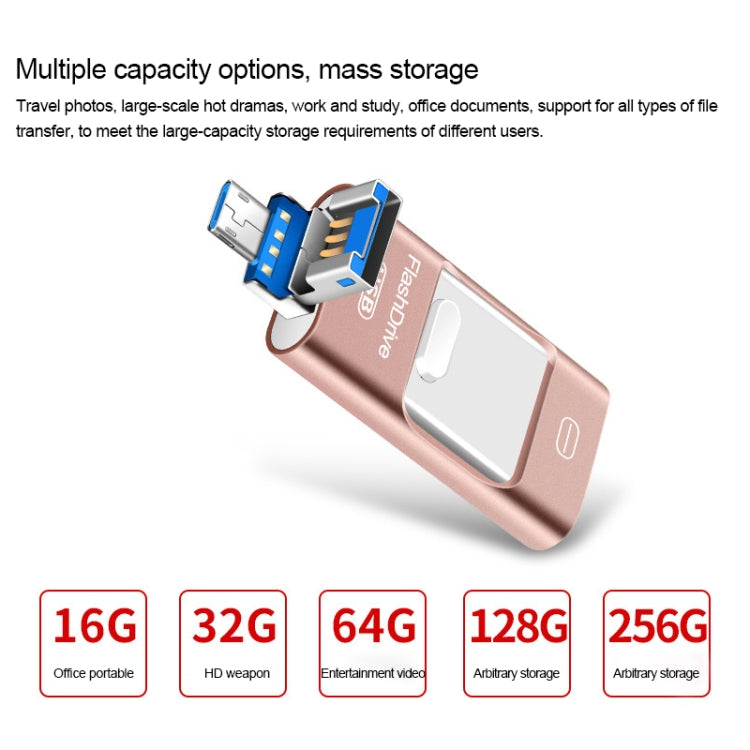 128GB USB 3.0 + 8 Pin + Mirco USB Android iPhone Computer Dual-use Metal Flash Drive, 128GB USB 3.0